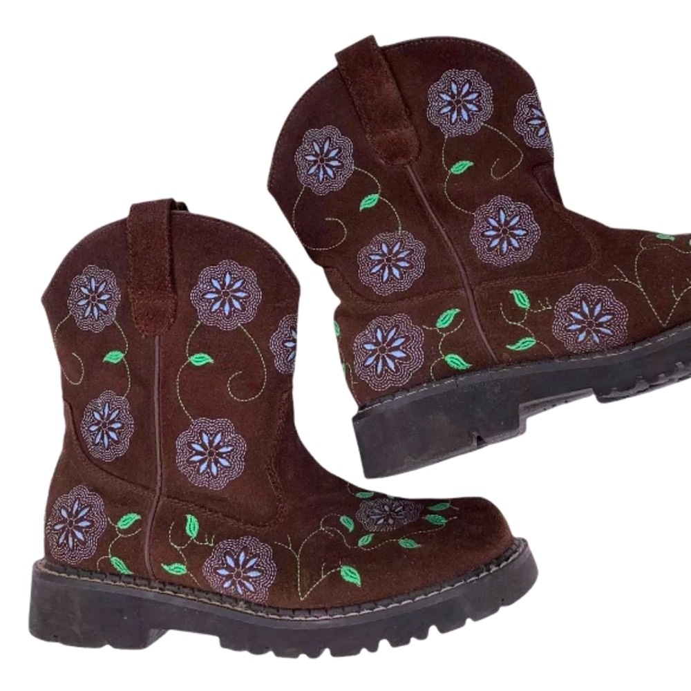 ROPER Boots FLORAL CHUNK Colorful Boho Suede Leather Brown Blue Green Size 7.5 - Picture 4 of 12